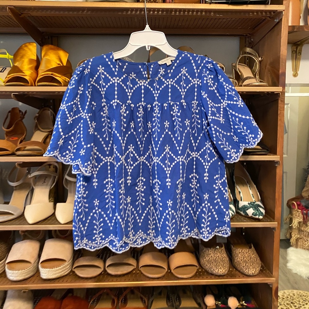 NEW Blue Rebellion Scalloped Top wWhite Embroidery